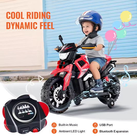 SucceBuy 6V Children's Electric Car Kids Ride On Motorcycle with Detachable Wheel Headlight Music Bluetooth for Boys Gifts