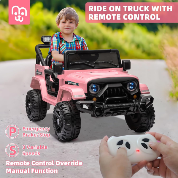 12V Kids Electric Ride on Truck Car Remote Control, Twin 35W Motors 3.5MPH Max Speed, Bluetooth USB Music Player, 4 Wheels Suspension, LED Lights Safety Belt - Image 2