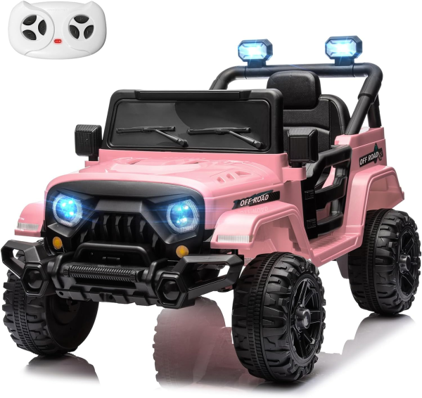 12V Kids Electric Ride on Truck Car Remote Control, Twin 35W Motors 3.5MPH Max Speed, Bluetooth USB Music Player, 4 Wheels Suspension, LED Lights Safety Belt