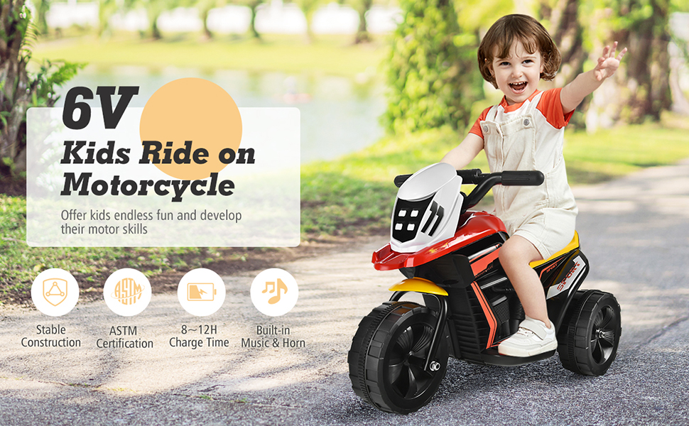 Costzon Toddler Motorcycle, 6V Battery Powered 3 Wheels Ride on Motorcycle with Cartoon Windshield, Music, Horn, Forward Backward Switch, Electric Motorcycle for Kids Toddlers Girls & Boys