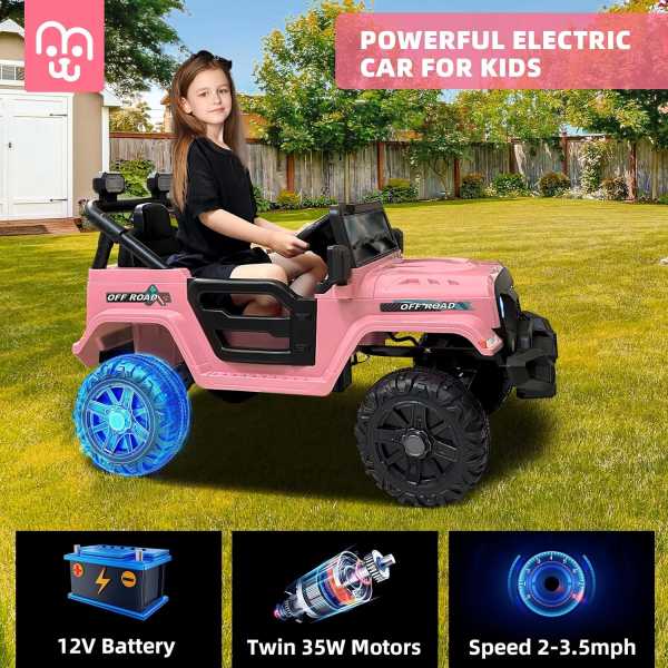 12V Kids Electric Ride on Truck Car Remote Control, Twin 35W Motors 3.5MPH Max Speed, Bluetooth USB Music Player, 4 Wheels Suspension, LED Lights Safety Belt - Image 3